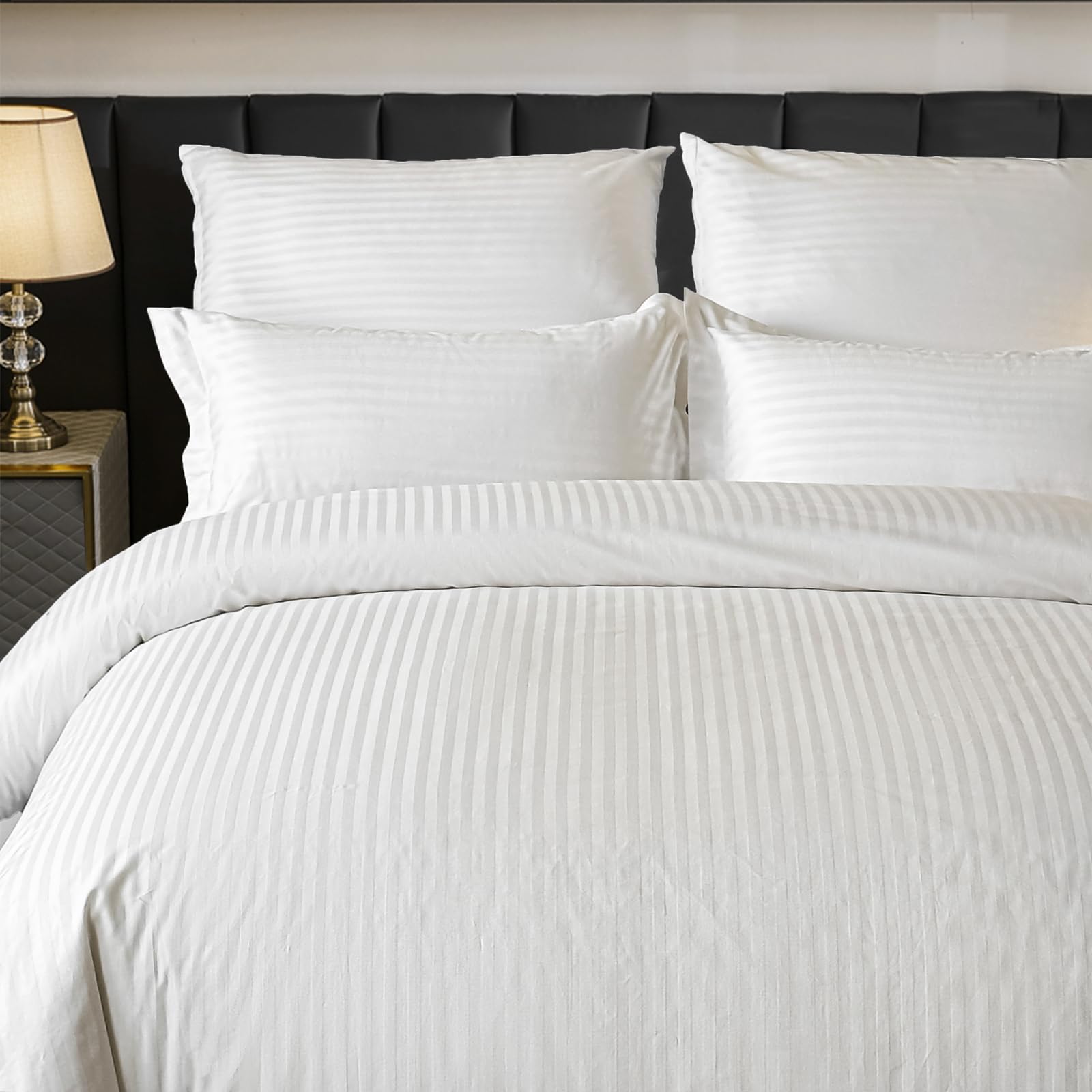 Amolavet Hotel Bedding Duvet Cover Queen Size Cotton White Satin Pin Striped Textured With Zipper - Duvet Cover Queen 3 Pcs Set